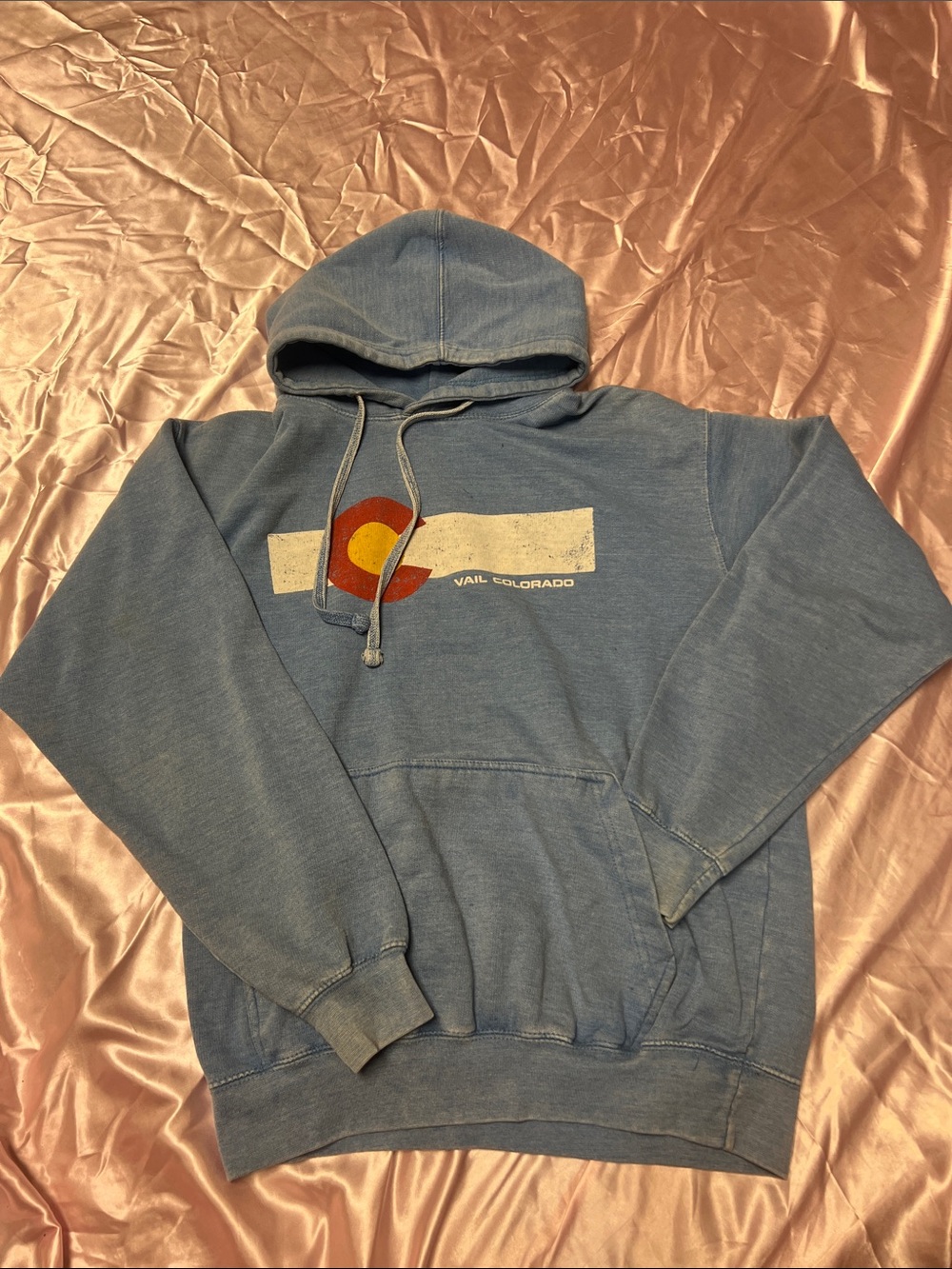 Charlies Vintage Blue Vail Colorado Hoodie with Red & Yellow Logo